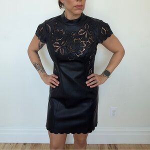 Anthropology Black Lace Leather Elegant Black Lace Dress